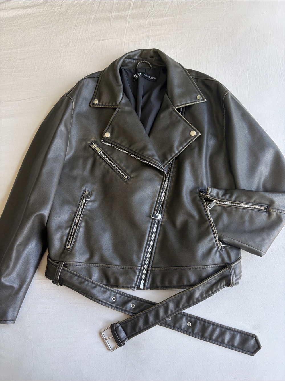 ZARA Black Faux Leather Moto Jacket with Belt Detail